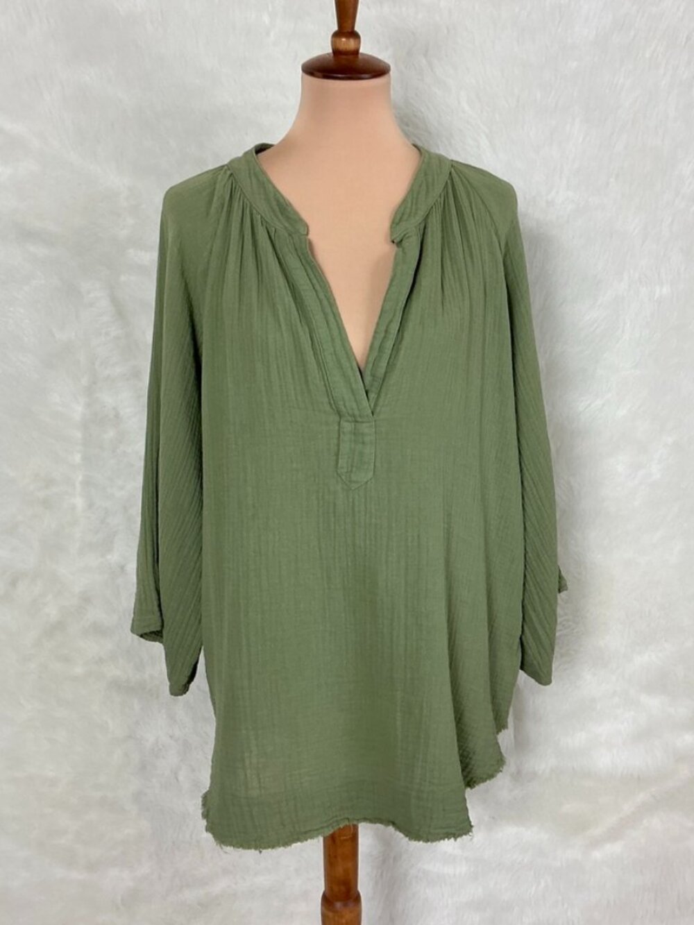 9Seed Resort Green Marrakesh Dashiki Double Gauze V-Neck Raw Fringe Hem Blouse M